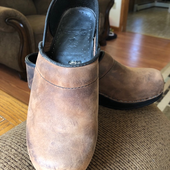 dansko brown oiled leather clogs